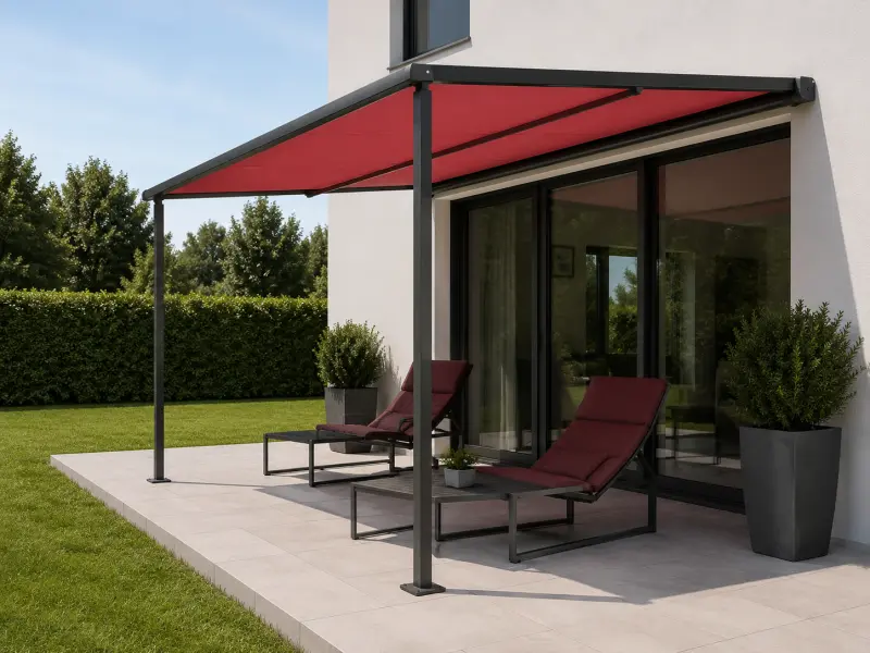Anthrazitfarbene Pergola mit roter Stoffbespannung über einer Terrasse mit Loungeliegen